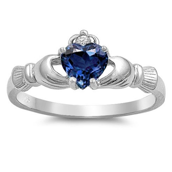 Irish Claddagh Promise Ring, Heart Simulated Blue Sapphire Cz Claddagh Traditional Irish Ring Perfect Gift for Wedding Rings  - PSR239