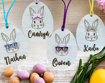 Personalized Easter Basket Tag with Engraved Rabbit Head - Customizable Bow and Glasses - Choose from 24 Colors