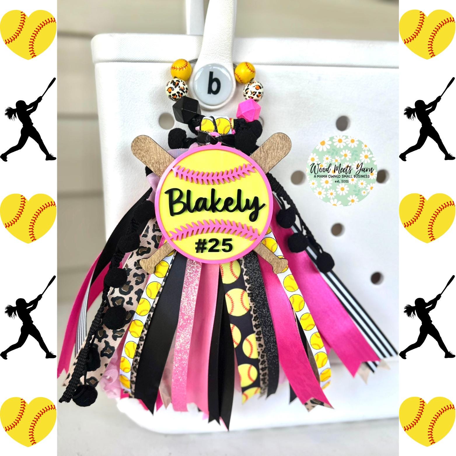 Softball Tassel Charm with Pink Laces Tassel | Personalized Acrylic Bag Tag | Softball Mom Gift | Team Spirit Keychain | Player Favor