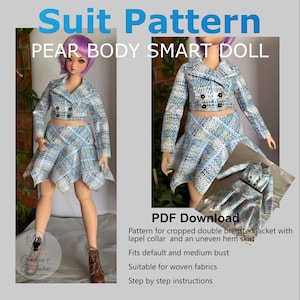 May include: A doll in a blue and white plaid suit, featuring a cropped double-breasted jacket and a skirt with an uneven hem. The image includes the text "Suit Pattern" and "PEAR BODY SMART DOLL". The image also includes the text "PDF Download".