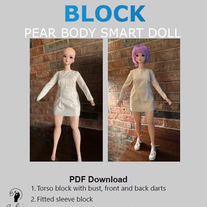 Pode incluir: Um download digital para um padrão de costura de boneca. O padrão inclui um bloco de torso com pregas no busto, um bloco de manga ajustado, um gráfico de medidas métricas para uma boneca Smart Doll com corpo de pêra e um padrão de vestido de bainha. A imagem mostra duas bonecas usando o bloco de torso do padrão.