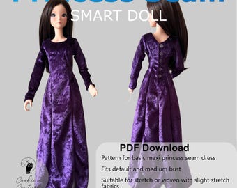 PDF Downloadable Dress Pattern: Maxi Princess Seam Dress for Classic Body Smart Doll 1/3