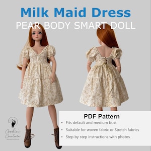 May include: A doll wearing a cream-colored dress with a floral pattern. The dress has a V-neck, short puff sleeves, and a tiered skirt. The text "Milk Maid Dress" and "PEAR BODY SMART DOLL" are displayed at the top. The image also includes the text "PDF Pattern".