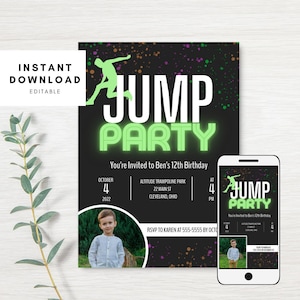 Jump Birthday Photo Invitation | Trampoline Park | Editable Photo Printable Birthday | Jumping Party | Boys Girls | Trampoline Park | Evite