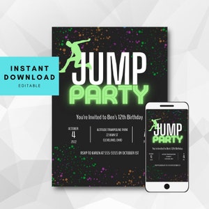 Jump Birthday Invitation | Trampoline Party Invite | Editable Printable Birthday | Jumping Party | Boys Girls | Trampoline Park | Evite