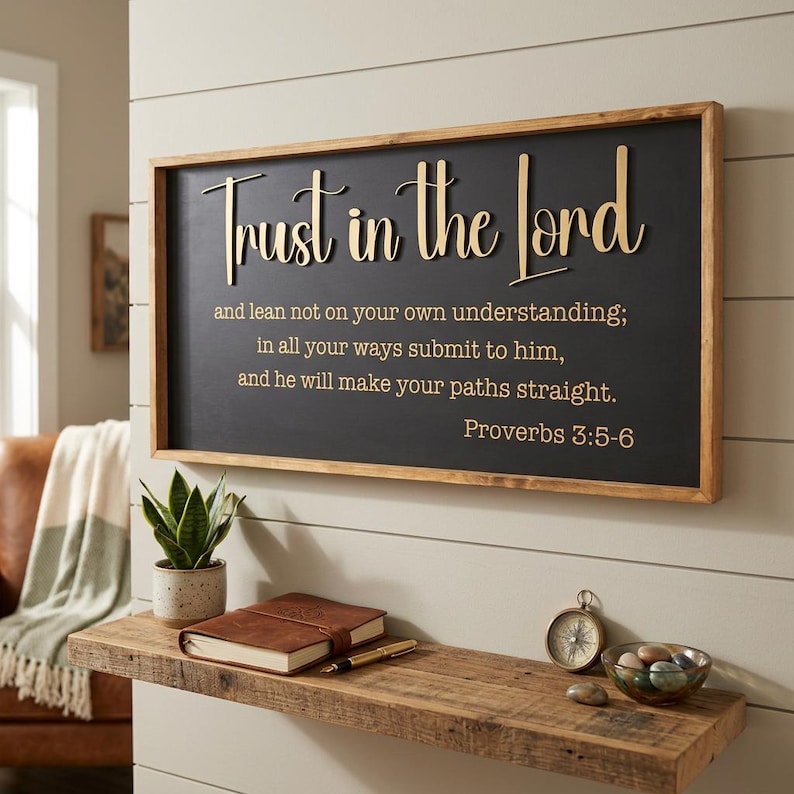 May include: A rectangular wall sign with a natural wood frame and a black background featuring the gold text Trust in the Lord and lean not on your own understanding; in all your ways submit to him, and he will make your paths straight. Proverbs 3:5-6.