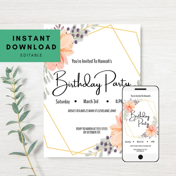 Birthday Invitation for Women Teens Girls- Floral Watercolor Design