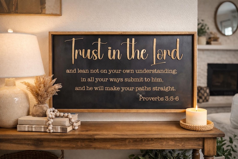 May include: A rectangular wooden sign with a black background and a natural wood frame. The sign features gold-colored lettering that reads: Trust in the Lord and lean not on your own understanding; in all your ways submit to him, and he will make your paths straight. Proverbs 3:5-6.