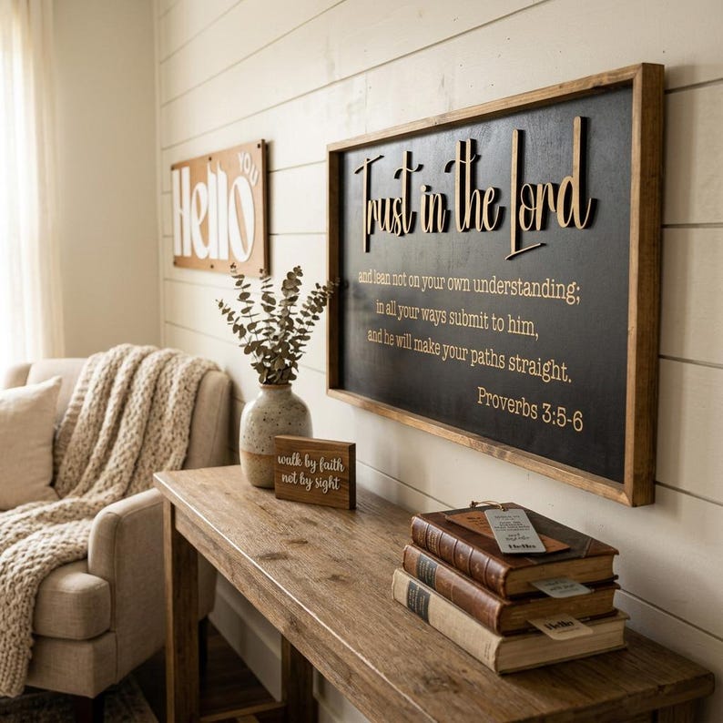May include: A rectangular wooden wall sign with a black background and gold lettering that reads Trust in the Lord and lean not on your own understanding; in all your ways submit to him, and he will make your paths straight. Proverbs 3:5-6.