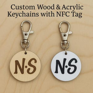 Custom NFC Keychain – Personalized Wood or Acrylic | BULK | Smart Key Tag | Engraved Keychain with NFC Chip | Tap to Share Contact or Link