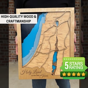 May include: A wooden map of the Holy Land in the time of Jesus, with the Mediterranean Sea and Sea of Galilee in blue. The map is framed in light wood and includes the text "HIGH-QUALITY WOOD & CRAFTMANSHIP" and a "5 STARS RATING" badge.