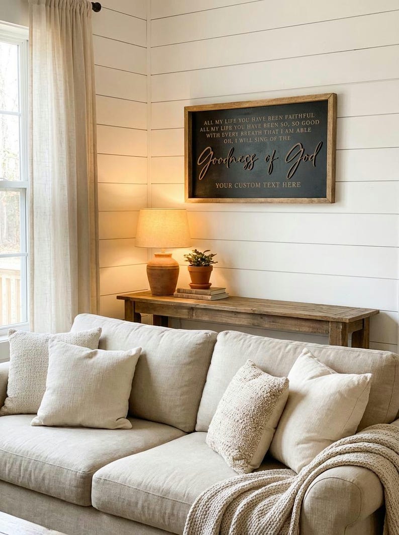 May include: A rectangular wooden wall sign with a black background and a natural wood frame. The sign features white and raised brown lettering that reads: ALL MY LIFE YOU HAVE BEEN FAITHFUL, ALL MY LIFE YOU HAVE BEEN SO, SO GOOD, WITH EVERY BREATH THAT I AM ABLE, OH, I WILL SING OF THE Goodness of God, YOUR CUSTOM TEXT HERE.