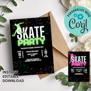 Skate Birthday Invitation | Skating Invite | Editable Printable Birthday | Roller Skate Party | Pink or Green | Girls Boys Invite | Evite