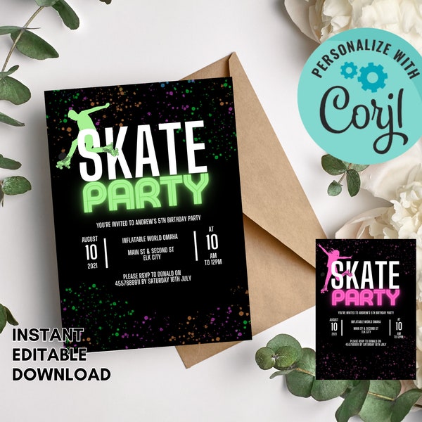 Skate Birthday Invitation | Skating Invite | Editable Printable Birthday | Roller Skate Party | Pink or Green | Girls Boys Invite | Evite