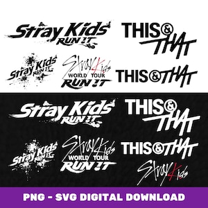 Può includere: Una collezione di design grafici digitali che presentano il testo Stray Kids RUN IT e THIS & THAT in vari caratteri stilizzati in bianco e nero, inclusi effetti di schizzi d'inchiostro e motivi a pennellate, come file digitale.