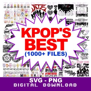 Könnte beinhalten: Eine digitale Sammlung von K-Pop-Grafikdateien mit verschiedenen Bandlogos, Charakterillustrationen und Tour-Textdesigns. Der zentrale Text lautet KPOP'S BEST (1000+ FILES) innerhalb einer violetten Sternform auf weißem Hintergrund.