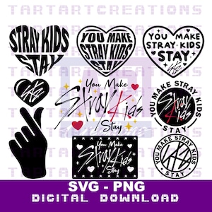 以下が含まれることがあります： 「Stray Kids Stay」というフレーズを様々なスタイルで描いた白黒のイラストのデジタルダウンロードセットです。イラストにはハート、星、バンドのロゴが含まれています。「You Make Stray Kids Stay」というテキストも、いくつかのデザインに含まれています。