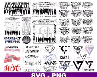 Paquete SVG de logotipos de Kpop de Seventeen: Gira mundial, nombres de los miembros (descarga digital)