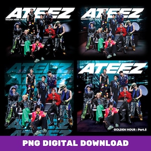 May include: A digital download featuring four variations of the ATEEZ GOLDEN HOUR: Part.5 promotional image. The graphic displays eight individuals in diverse outfits, including bright green trousers and red jackets, set against dark backgrounds.