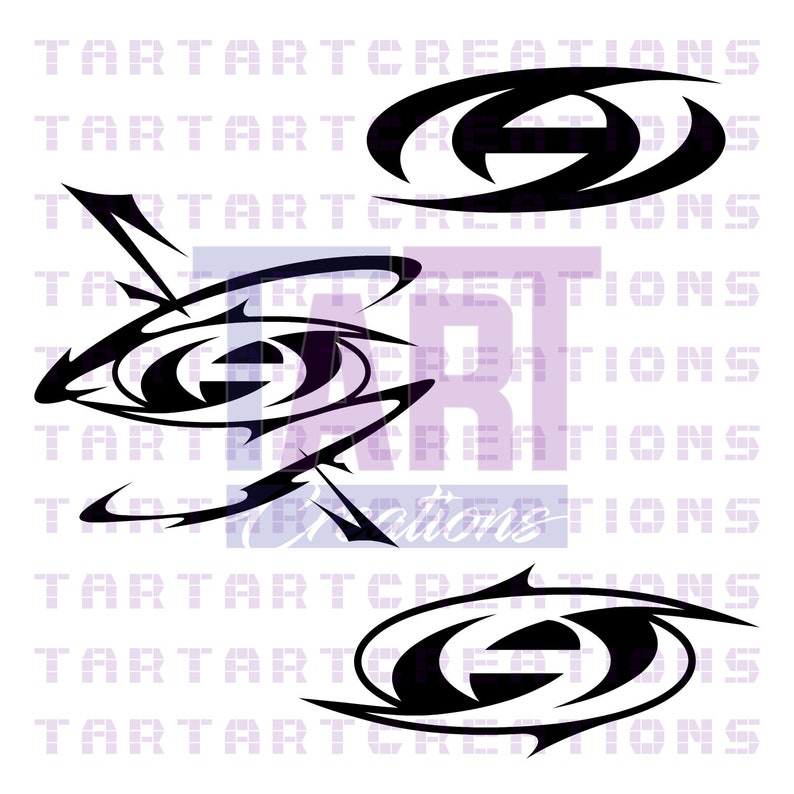 May include: Three black tribal-style graphic decals featuring sharp, pointed edges and curved lines. The designs are arranged on a white background with a faint, repeating watermark of the text TARTARTCREATIONS visible across the entire image.