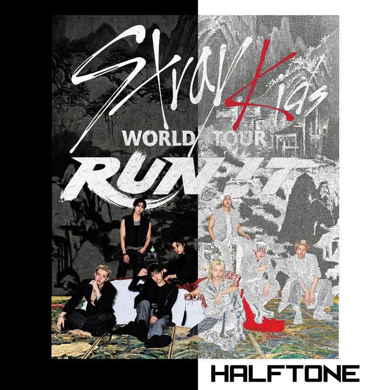 May include: A poster featuring the text Stray Kids WORLD TOUR RUN IT with a split design. The left side is black and white with a group of eight individuals in dark clothing. The right side is a grainy, light-toned halftone image of the group.