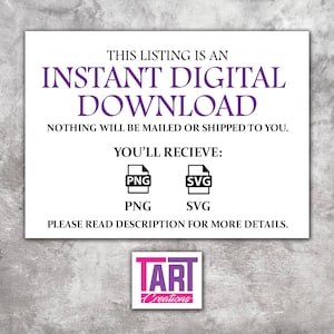 May include: A rectangular digital graphic with black and purple text stating THIS LISTING IS AN INSTANT DIGITAL DOWNLOAD. NOTHING WILL BE MAILED OR SHIPPED TO YOU. YOU'LL RECIEVE: PNG and SVG file icons. PLEASE READ DESCRIPTION FOR MORE DETAILS.