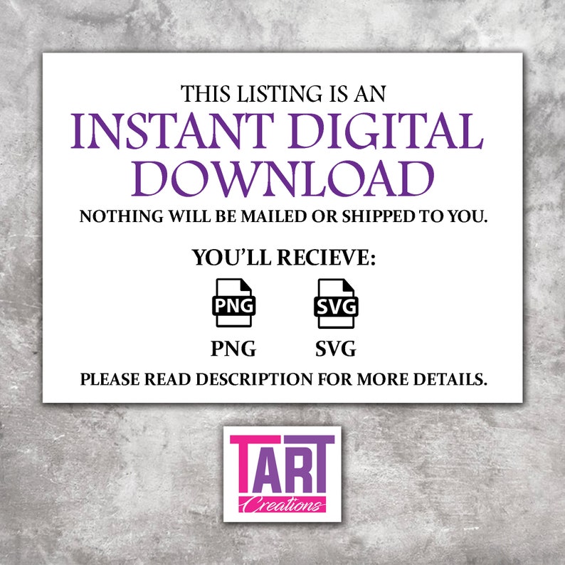 May include: A rectangular digital graphic with black and purple text stating THIS LISTING IS AN INSTANT DIGITAL DOWNLOAD. NOTHING WILL BE MAILED OR SHIPPED TO YOU. YOU'LL RECIEVE: PNG and SVG file icons. PLEASE READ DESCRIPTION FOR MORE DETAILS.