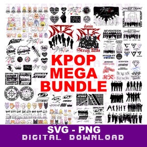 May include: A digital download bundle of KPOP band logos and graphics in SVG and PNG format. The bundle includes logos for Stray Kids, Seventeen, Ateez, and more. The text "KPOP MEGA BUNDLE" is in large red letters.