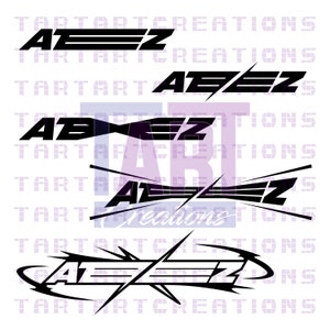 May include: A collection of five black graphic designs featuring the text ATEEZ in various stylized fonts. The designs include sharp angular lines, intersecting slashes, and circular spiked frames, all presented against a light background.