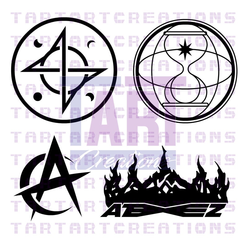 May include: A collection of four black graphic designs on a white background. The top left is a circular symbol with a star and moon phases. The top right is a globe with an hourglass. The bottom left is a crescent moon and star. The bottom right is a crown shape with the text ABEEZ.