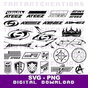 May include: A collection of black and white logos featuring the text "ATEEZ" and "ATINY". The logos are in various styles, including a stylized "A" with a star, a compass, and a shield.