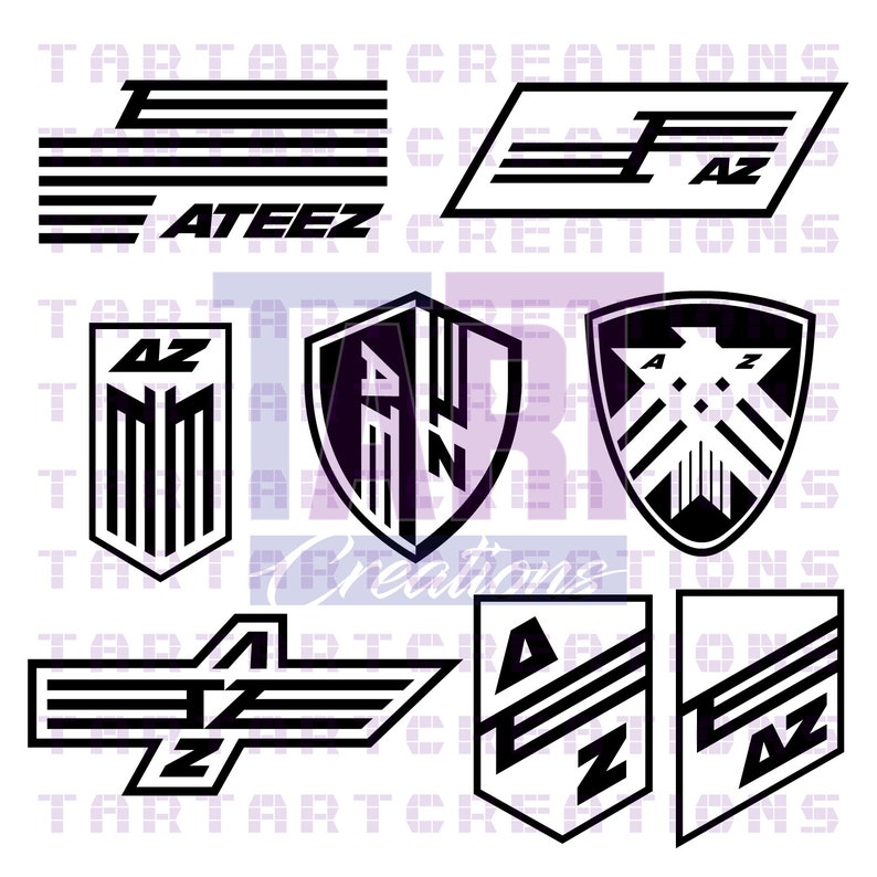 May include: A collection of black and white graphic designs featuring the text ATEEZ and AZ. The images include various shield-shaped emblems, horizontal striped logos, and stylized bird-like motifs, all presented in a clean, high-contrast vector style.