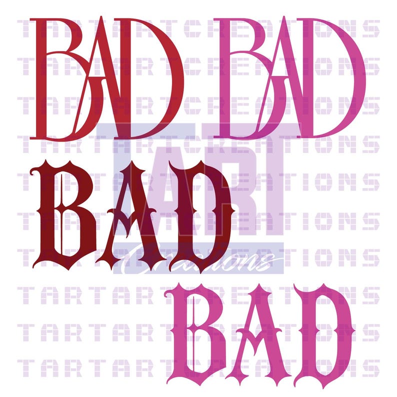 May include: A digital graphic featuring the word BAD written in five distinct variations. Two versions use a clean, bold sans-serif font in red and pink, while three versions use a decorative, gothic-inspired typeface in dark red and bright pink.
