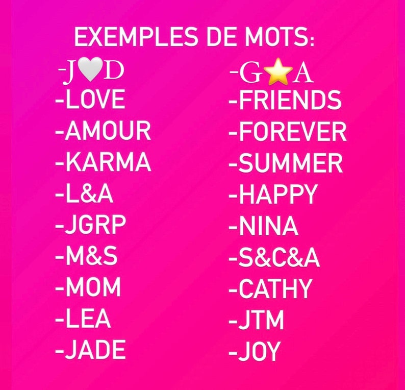 May include: A pink background with white text listing examples of words. The words include "LOVE", "FRIENDS", "FOREVER", "SUMMER", "HAPPY", "NINA", "CATHY", and "JOY".