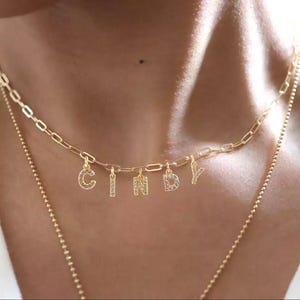 Collar personalizado en cadena de eslabones de oro o plata, collar con nombre, collar con letra del alfabeto de circonita, collar con mensaje inicial