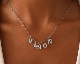 Personalized necklace on a gold or silver link chain, name necklace, alphabet letter necklace with zircons, initial message necklace