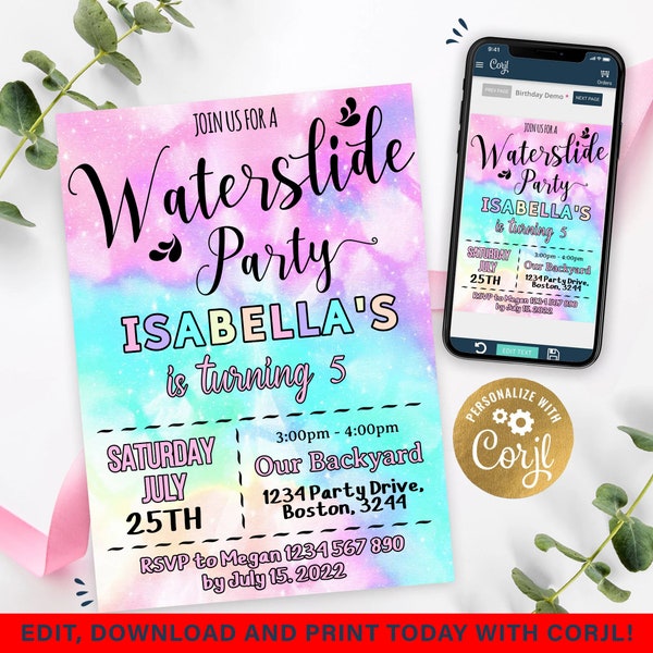 WATERSLIDE PARTY Invitation Girl Tie Dye Party Waterslide Party Invitation Editable Waterslide Party Invitation Printable Tie-Dye Party A-25