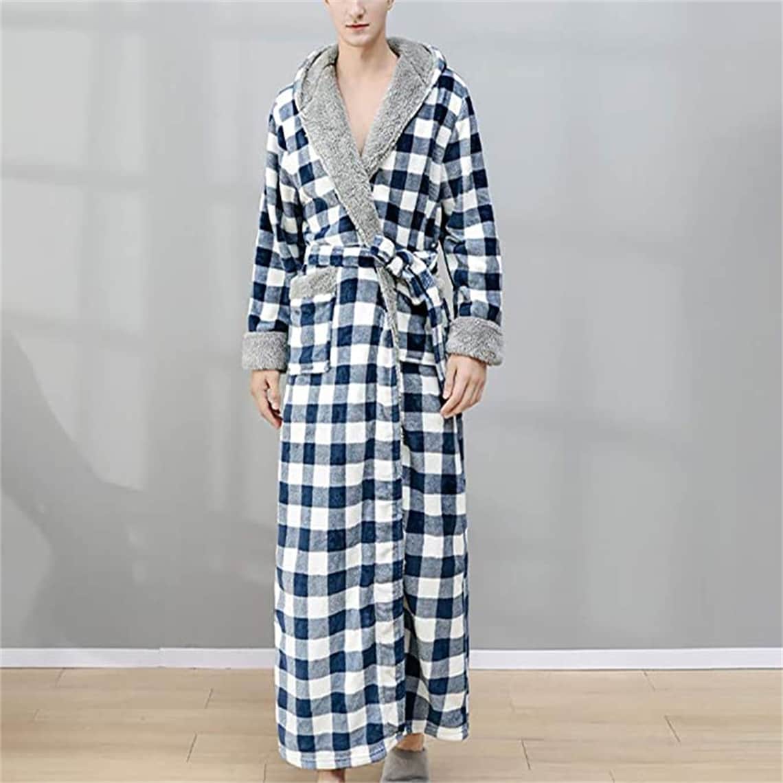 Men's Flannel Long Robes Soft Fleece Warm Housecoats Hooded Plush Plaid