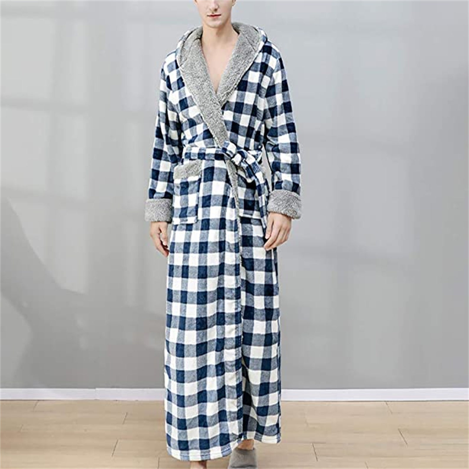 Men's Flannel Long Robes Soft Fleece Warm Housecoats Hooded Plush Plaid ...