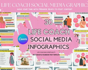 30 Life Coach Infographics Instagram Post Template, Spiritual Coach, Canva Template, Social Media, Self Love Instagram, Life Course Program