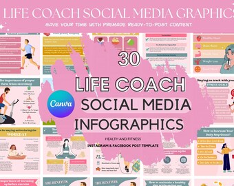 30 Health and Fitness Infographics Instagram Post Template, Weight Loss Instagram, Canva, Social Media, Self Love, Life Course Program