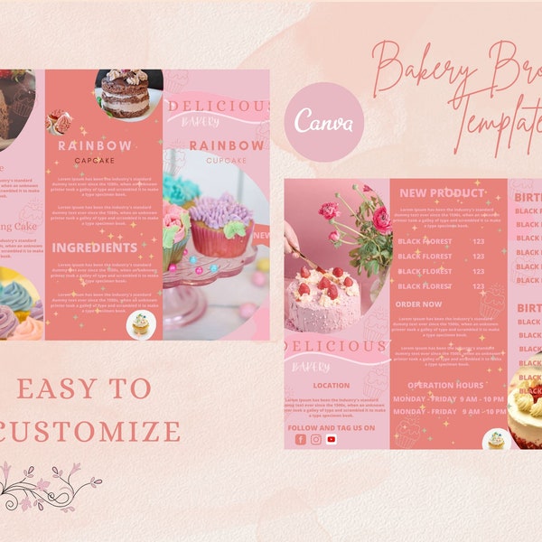Custom Cake And Dessert Business Trifold Brochure, Bakery Shop, Canva Template, Editable Price List, Menu, Contact Form, Edit Online