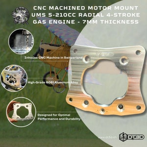 May include: CNC machined motor mount for a 5-210cc radial 4-stroke petrol engine. The mount is made of high-grade 6061 aluminium alloy and is 7mm thick. It is designed for optimal performance and durability. The mount is shown in a close-up view, with the text "DT3D" visible in the lower right corner.