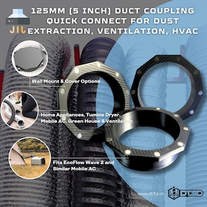 Puede incluir: Un acoplamiento de conducto negro de 125 mm con una conexión rápida para la extracción de polvo, la ventilación y la HVAC. El acoplamiento está hecho de un material duradero y tiene una forma hexagonal. Es compatible con EcoFlow Wave 2 y unidades de aire acondicionado móviles similares.