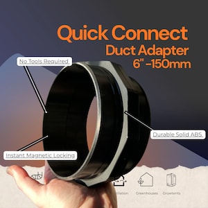Close-up of 6 inch magnetic coupling showing solid construction quality and embedded neodymium magnet system. 150mm HVAC adapter with 4mm wall thickness demonstrating professional-grade 3D printing without hollow infill. Black ABS material with precision-fit surfaces for airtight seal. Swiss engineering quality showing magnet recesses and hose connection interface. Heat-resistant up to 80°C for workshop dust collection, CNC enclosure ventilation, and grow room exhaust applications.