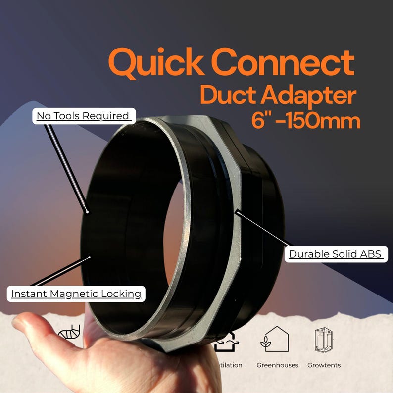 Close-up of 6 inch magnetic coupling showing solid construction quality and embedded neodymium magnet system. 150mm HVAC adapter with 4mm wall thickness demonstrating professional-grade 3D printing without hollow infill. Black ABS material with precision-fit surfaces for airtight seal. Swiss engineering quality showing magnet recesses and hose connection interface. Heat-resistant up to 80°C for workshop dust collection, CNC enclosure ventilation, and grow room exhaust applications.