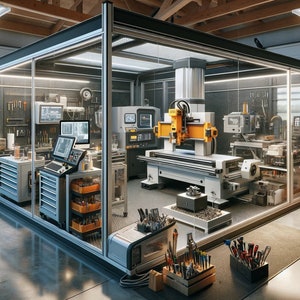 Può includere: Un officina moderna con un involucro di vetro che contiene una fresatrice CNC, un tornio e altri strumenti. L'officina è ben illuminata e ha un pavimento in cemento.