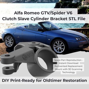 Puede incluir: Un archivo STL de soporte de cilindro esclavo de embrague gris para Alfa Romeo GTV/Spider V6, con el texto "DIY Print-Ready for Oldtimer Restoration". La imagen también presenta un coche descapotable azul.