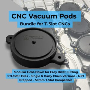 Könnte beinhalten: Schwarze CNC-Vakuumpods für T-Nut-CNC-Maschinen. Das Bild zeigt ein Bündel modularer Halterungen für einfaches Knüppelschneiden. Die Pods sind mit 50-mm-T-Nuten kompatibel. Der Text auf dem Bild lautet "CNC Vacuum Pods" und "Bundle for T-Slot CNCs".
