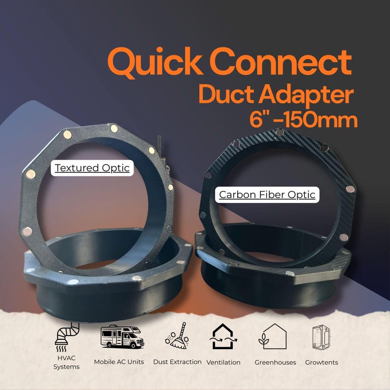 Side-by-side comparison of black ABS Surface Texture for the 6 inch magnetic duct coupling. Both 150mm quick connect adapters showing identical design with different surface textures—ABS heat-resistant to 80°C for heated air applications, PETG weather-resistant to 70°C with superior UV stability for outdoor installations. Professional 100% solid construction for grow tents, workshops, mobile HVAC, CNC enclosures. Choose material based on your specific ventilation and environment requirements.